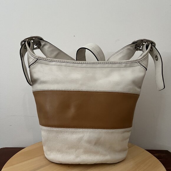 Coach Rugby Duffle Leather Bag White and Tan Stripes (relisted) - Picture 2 of 11